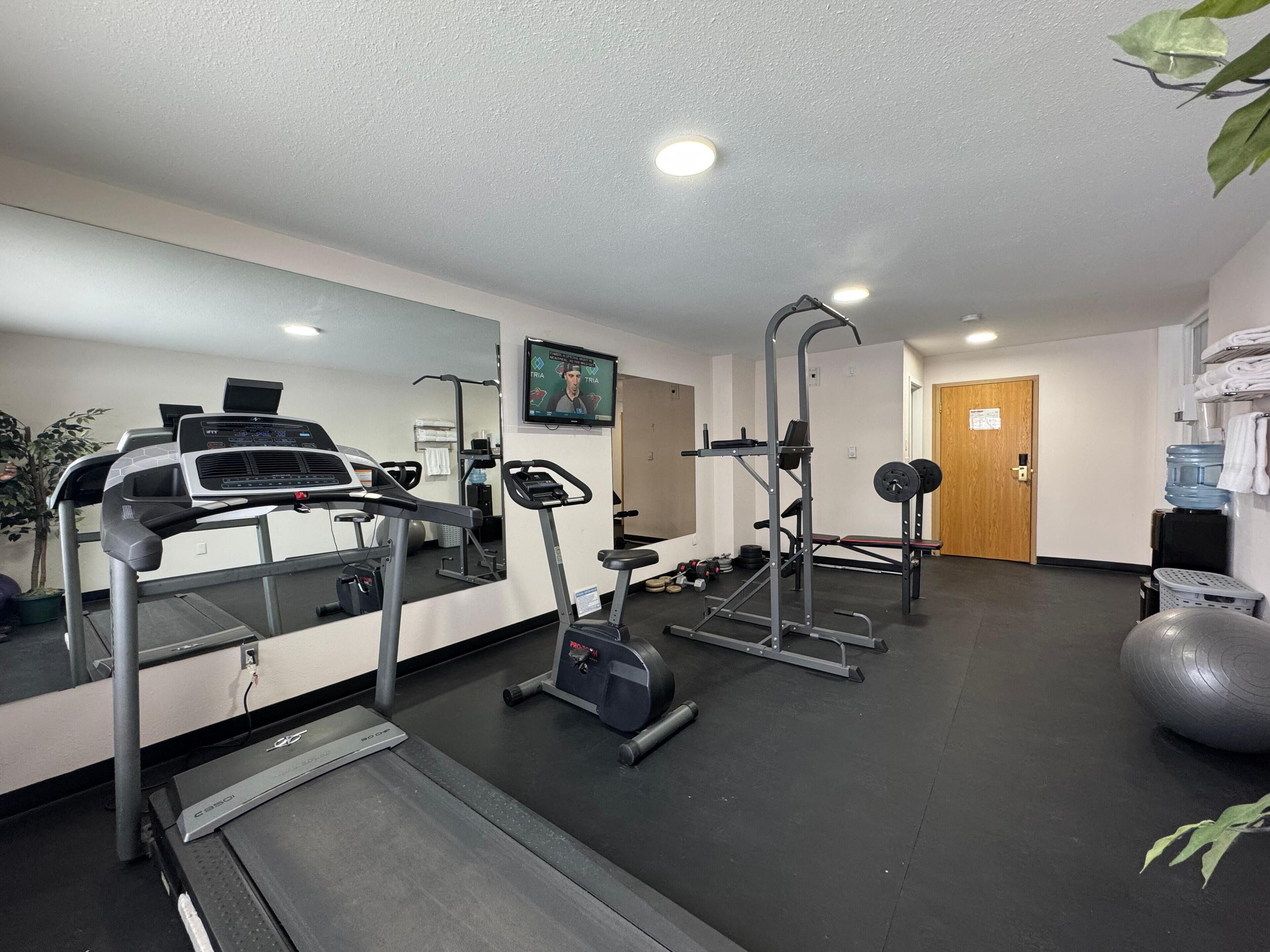 A gym with treadmills, weight machines, and a mirrored wall.