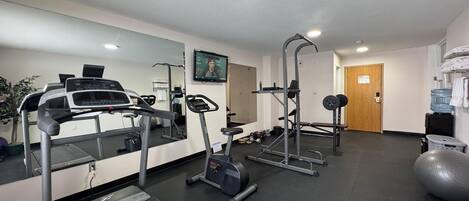A gym with treadmills, weight machines, and a mirrored wall.