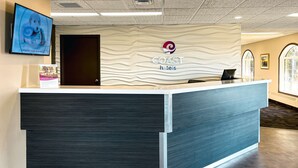 A reception desk with a modern design, a logo above it, and a television screen displaying a pet advertisement.