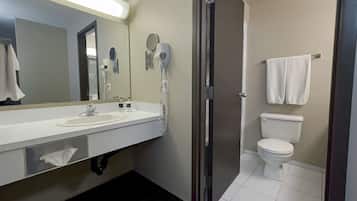 Combined shower/tub, eco-friendly toiletries, hair dryer, towels
