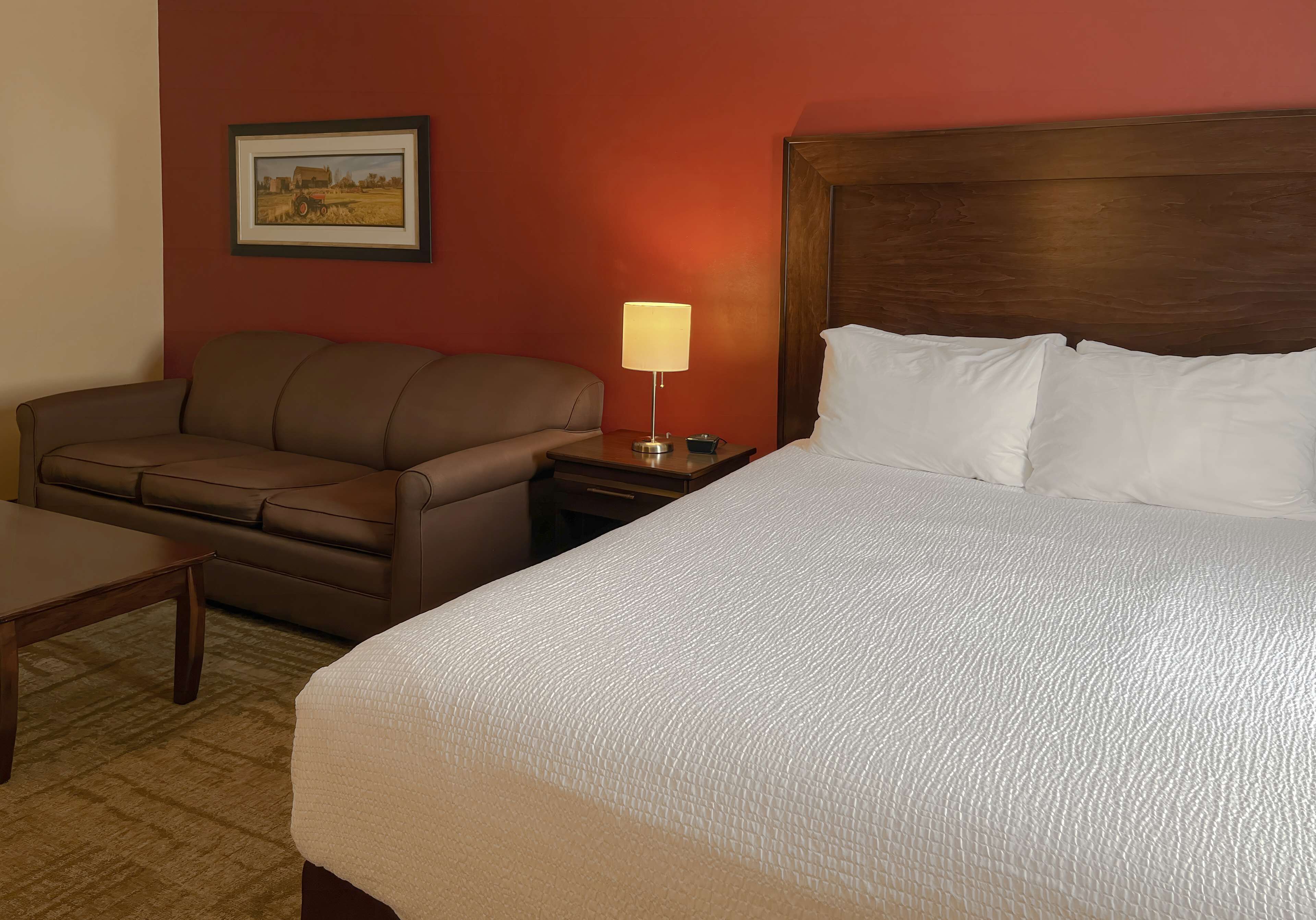 A hotel room with a large bed, a brown leather sofa, a wooden nightstand with a lamp, and a framed picture on the wall.