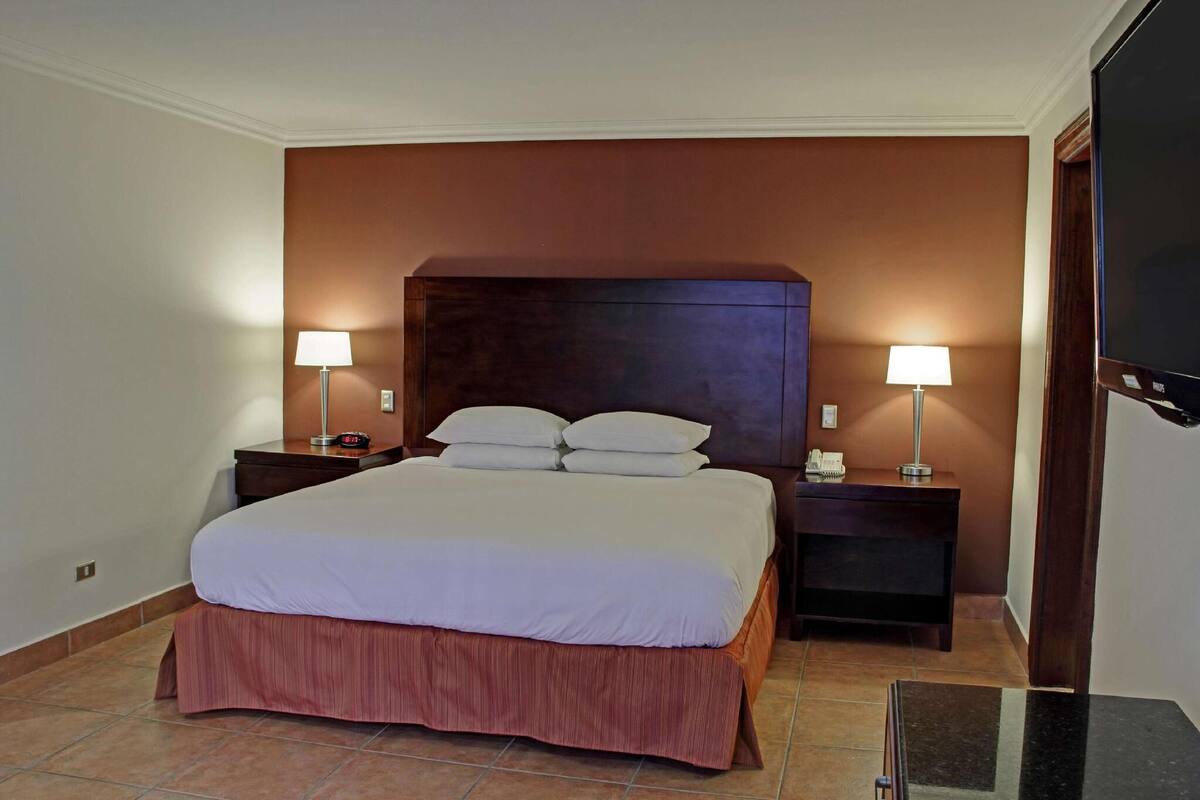 A hotel room with a bed, two bedside tables, a TV, and a nightstand.