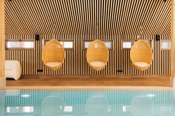 Indoor pool, open 9:00 AM to 8:00 PM, sun loungers