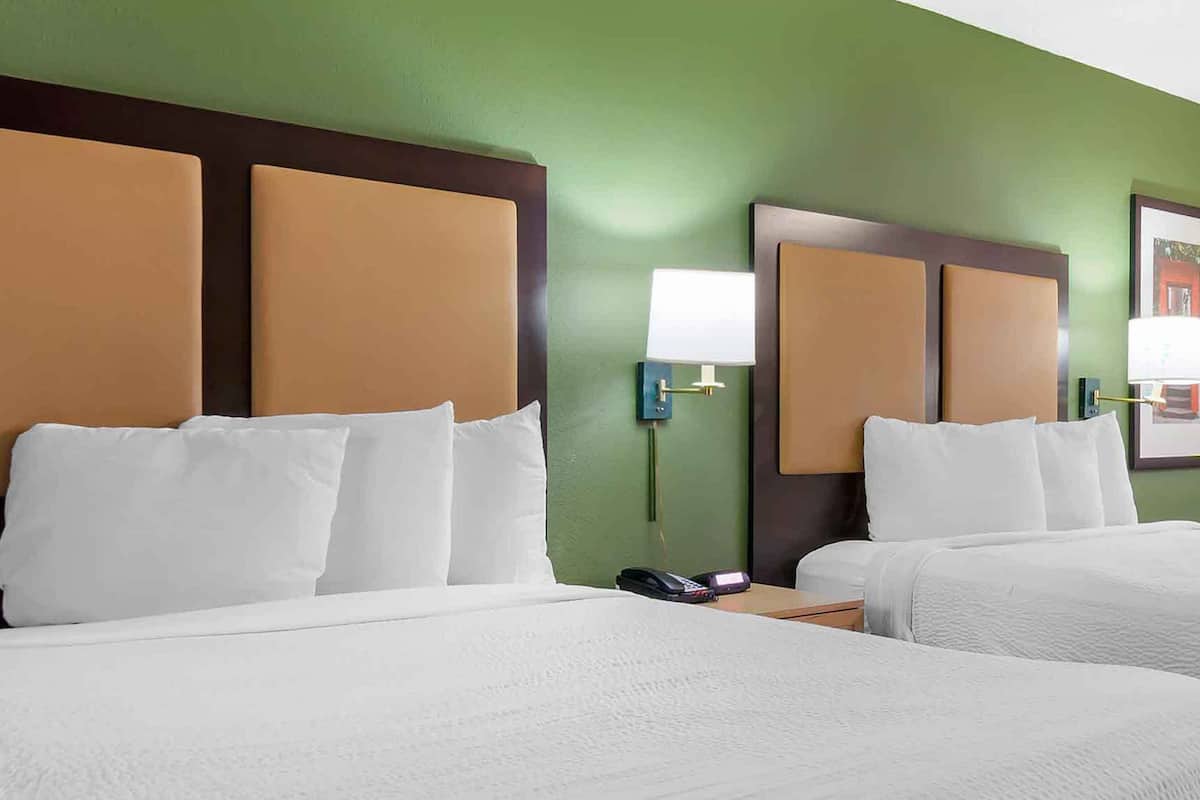 Une chambre d’hôtel avec deux lits, des murs verts et un design moderne.
