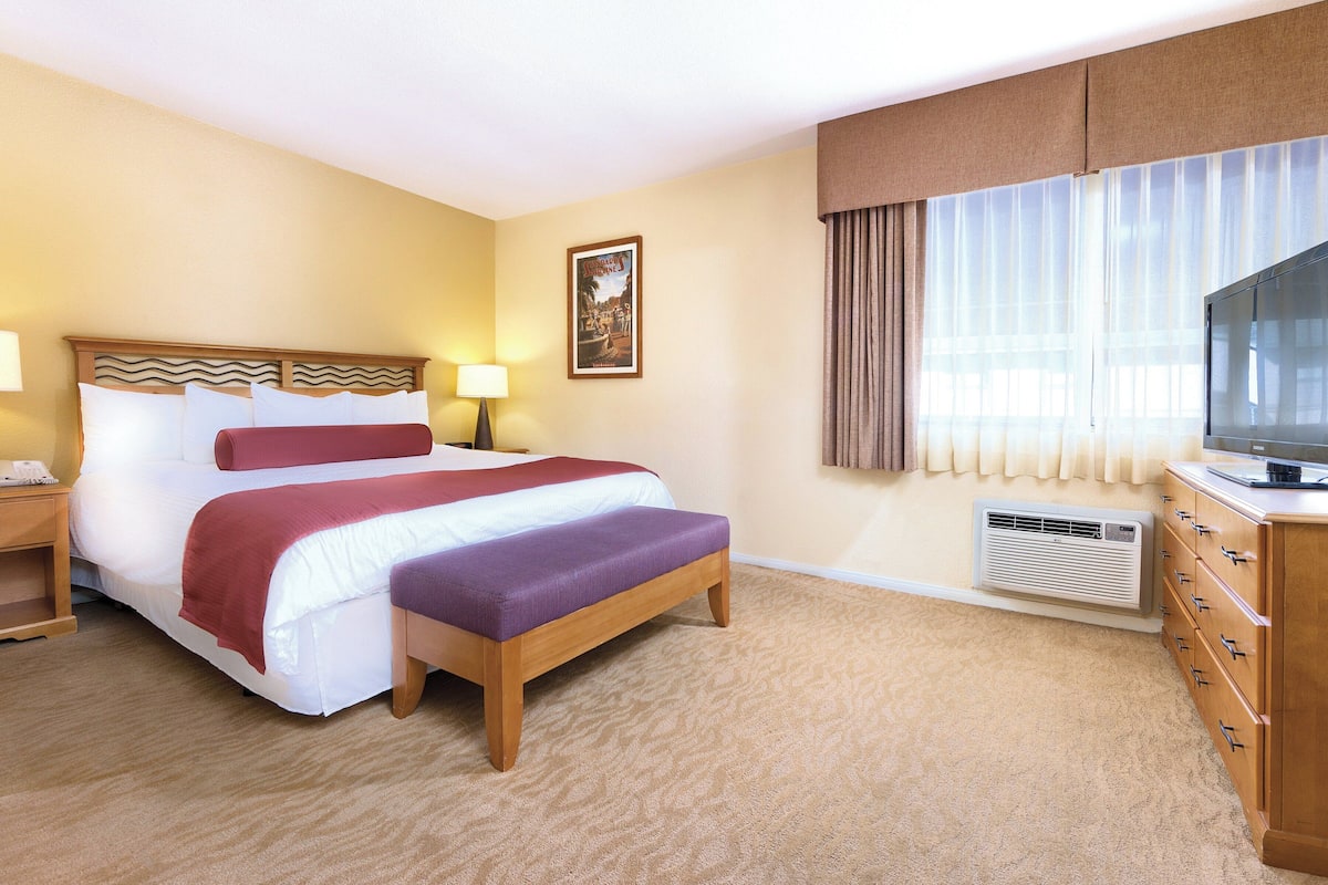 A hotel room with a bed, bedside lamps, a television, a heater, and a picture on the wall.