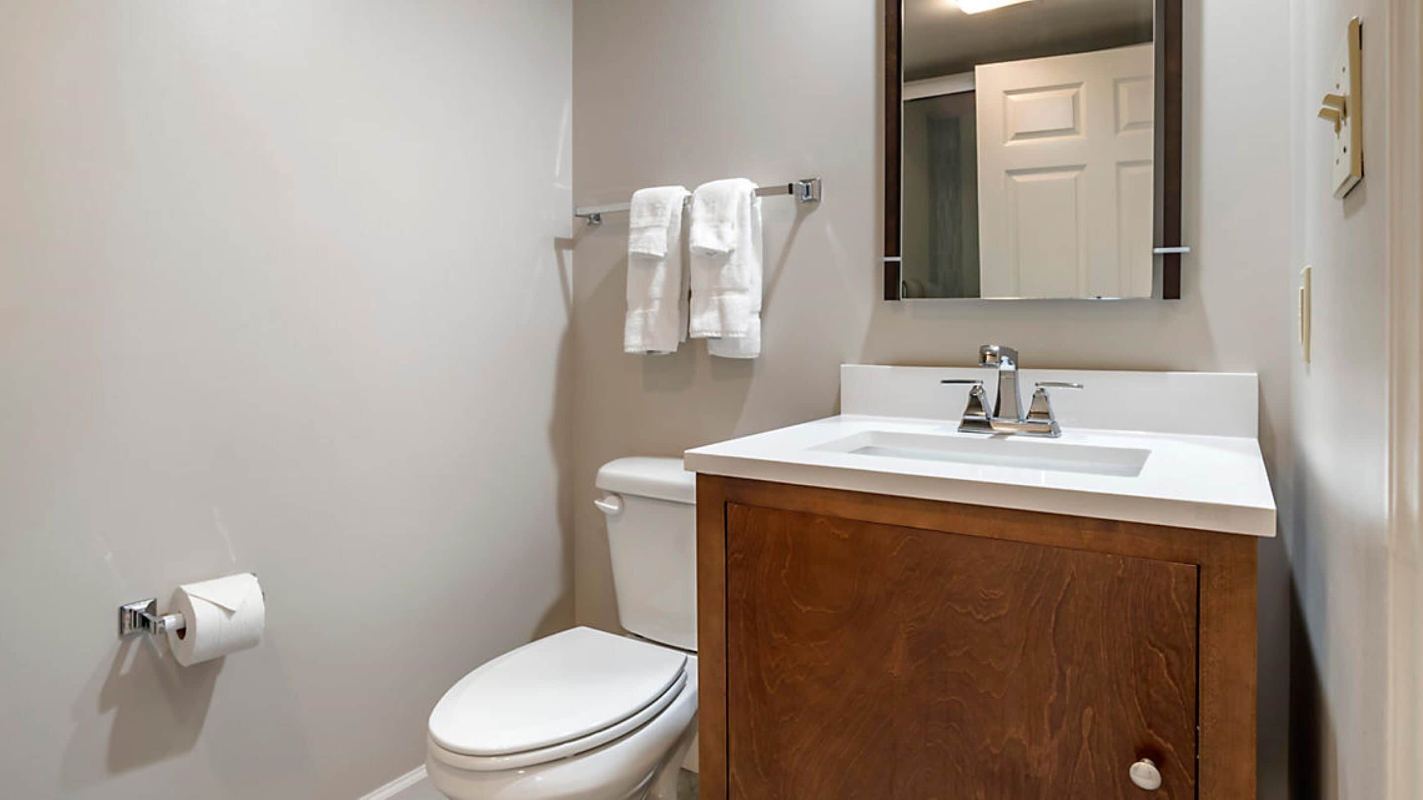 A bathroom with a white toilet, a wooden vanity with a sink, and a towel rack with two towels.