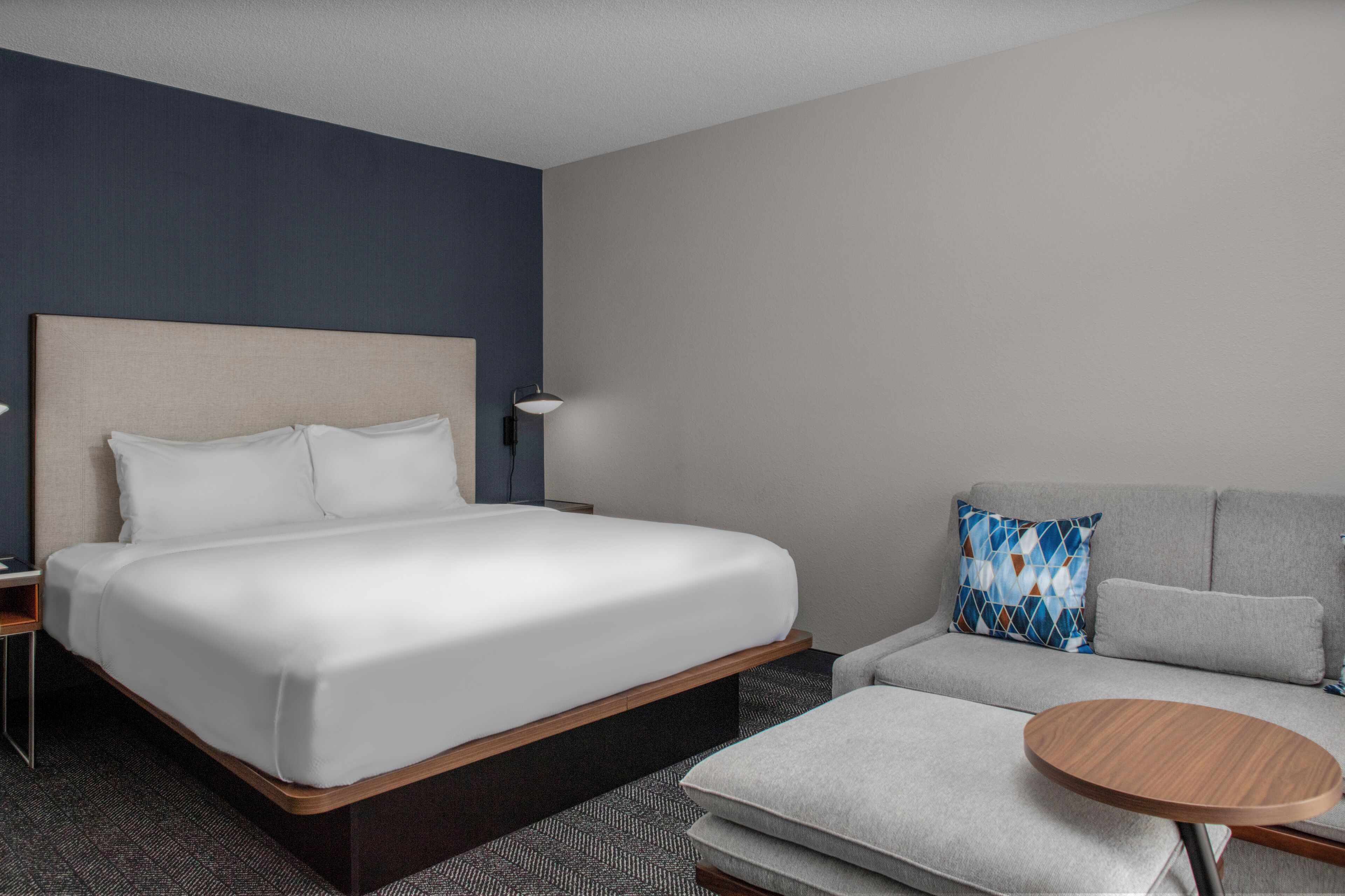 Laptop workspace, blackout curtains, iron/ironing board