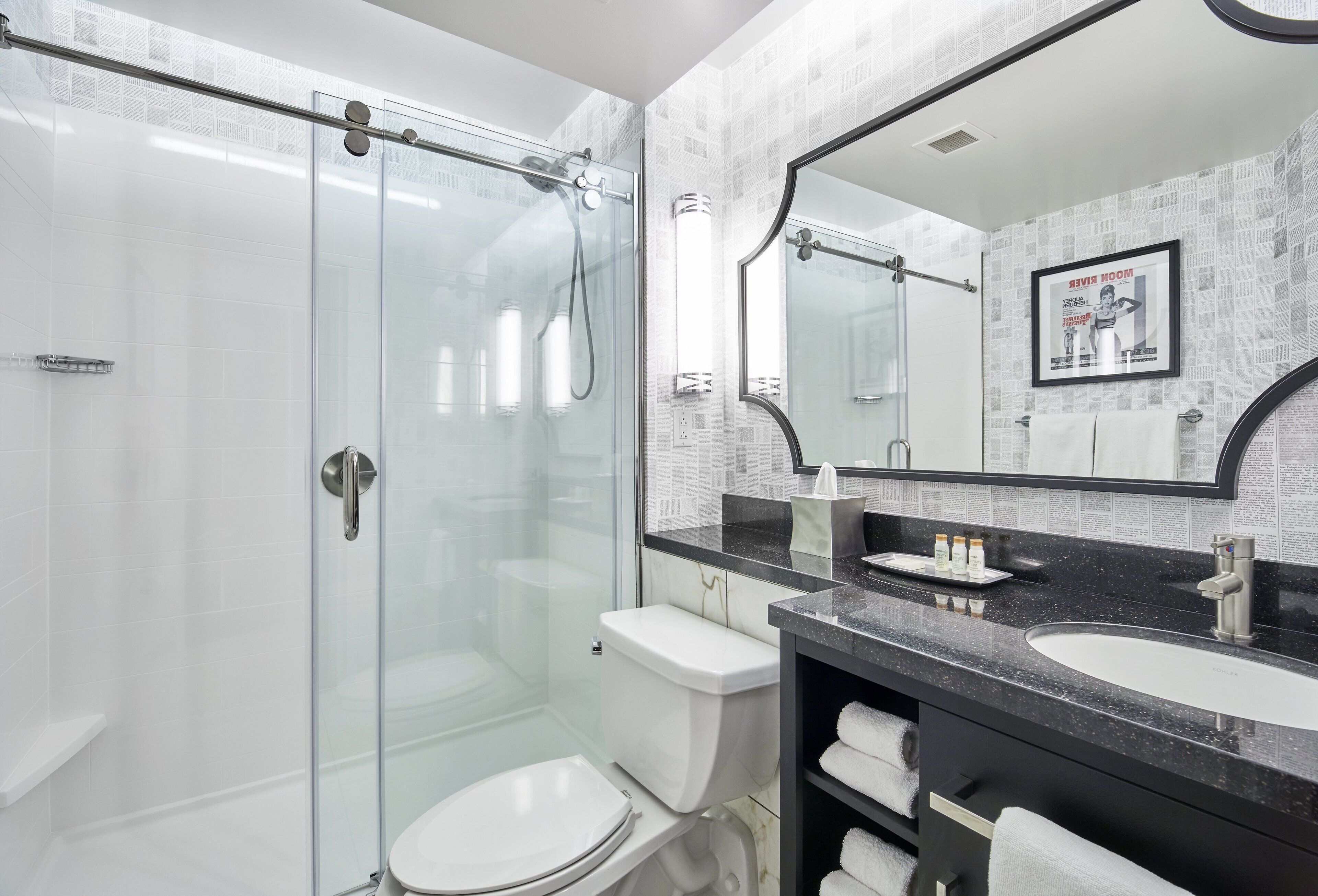 eco-friendly toiletries, hair dryer, towels, soap