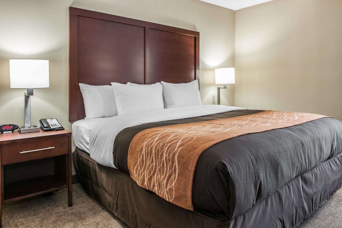 A hotel room with a large bed, two bedside tables, a nightstand, a telephone, and two lamps.