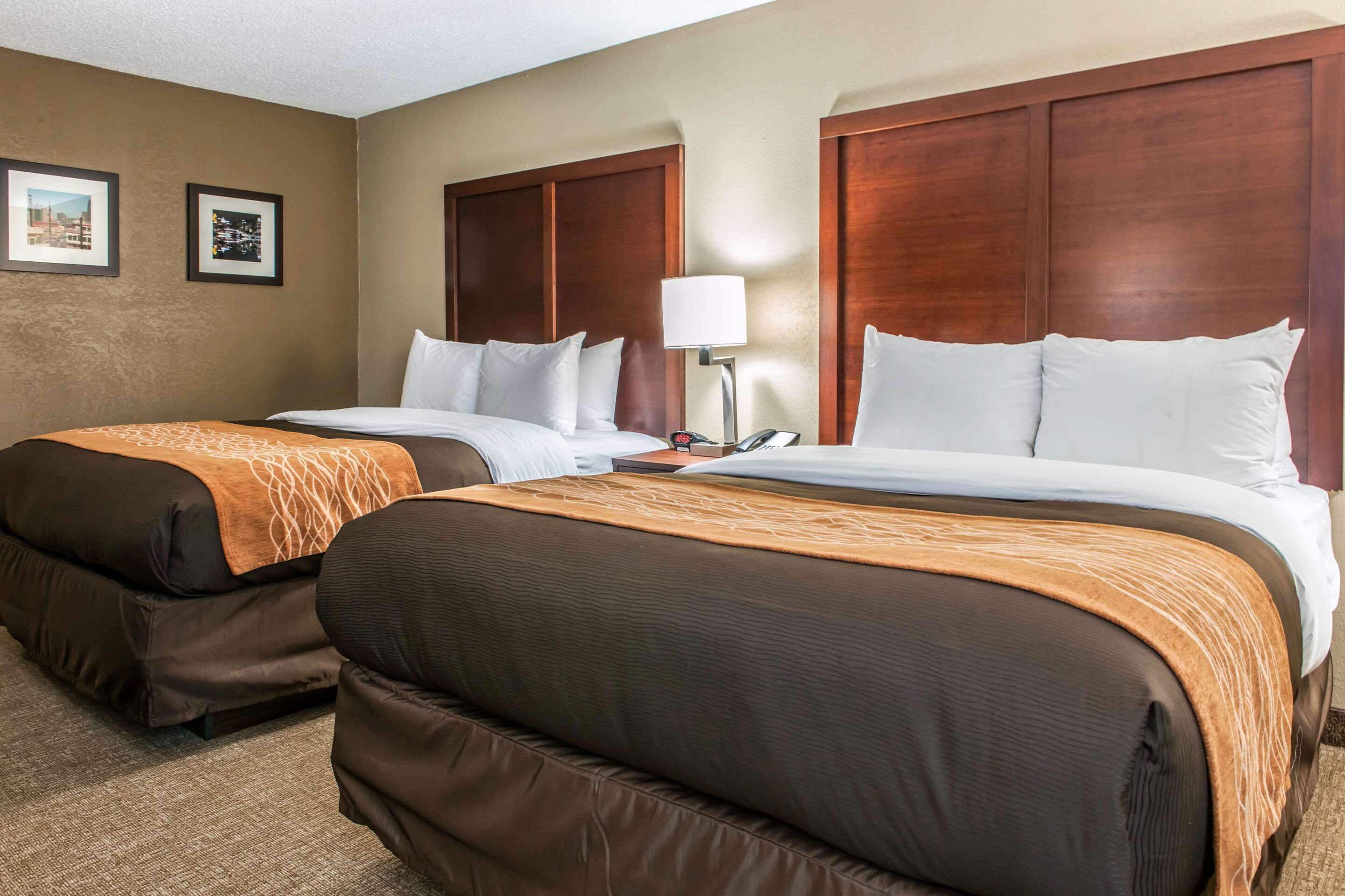 A hotel room with two beds, a wooden headboard, a nightstand with a lamp, and two framed pictures on the wall.