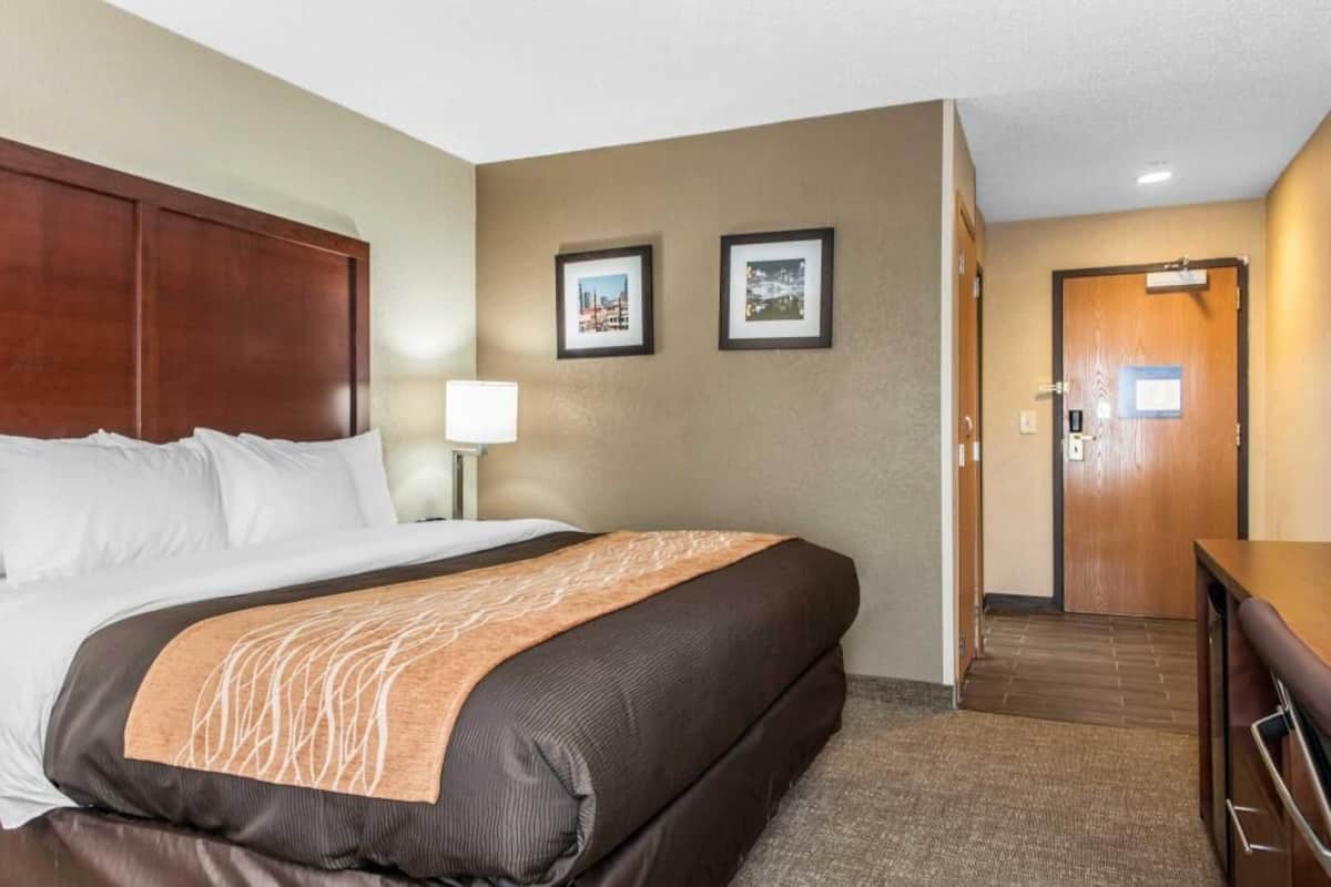 A hotel room with a bed, a desk, a lamp, and two framed pictures on the wall.