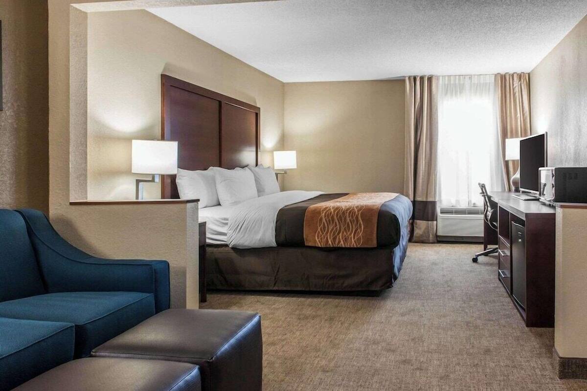 Una habitación de hotel con cama, escritorio, silla y sofá.