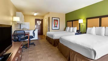 Studio, 2 Queen Beds, Non Smoking | Desk, laptop workspace, WiFi (free), bed sheets