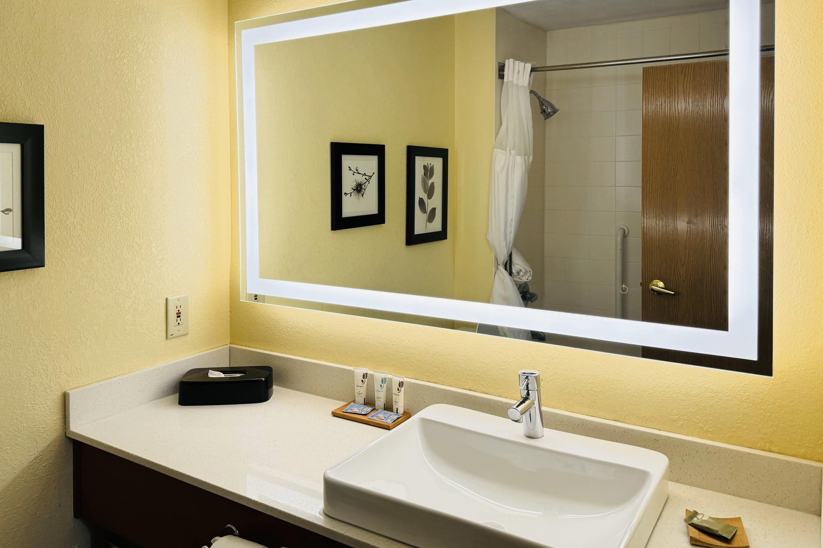 A bathroom with a large mirror, a sink, and a shower. There are framed pictures on the wall and toiletries on the counter.