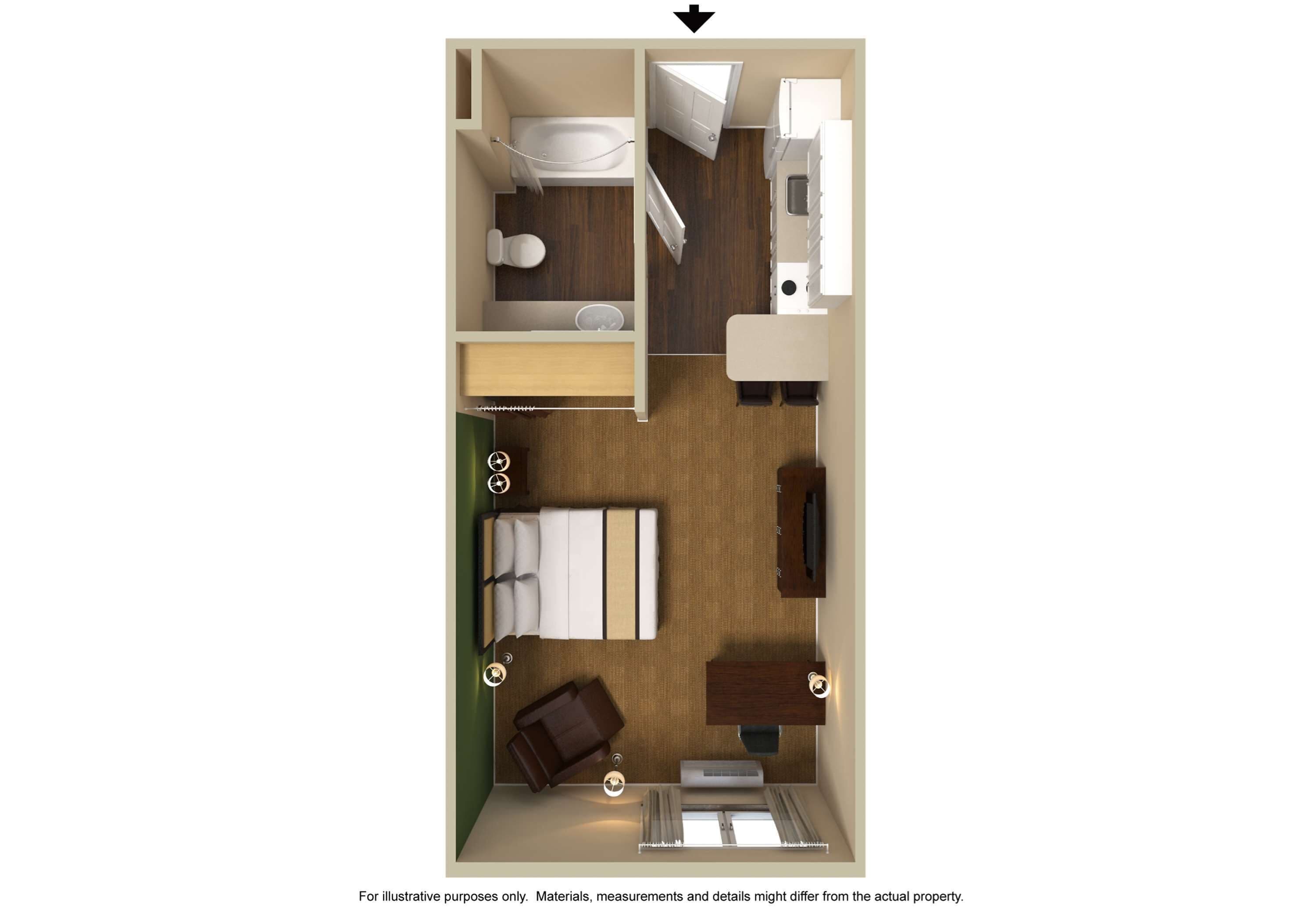 A 2-bedroom apartment layout with a bathroom, kitchenette, and a small living area.