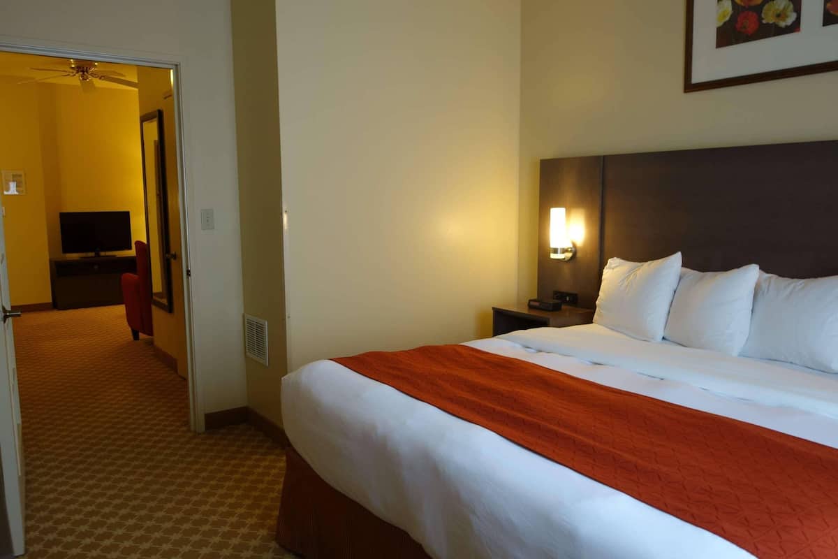 Habitación de hotel con una cama, un televisor en la esquina, una mesita de noche con lámpara y una puerta que da a otra habitación.