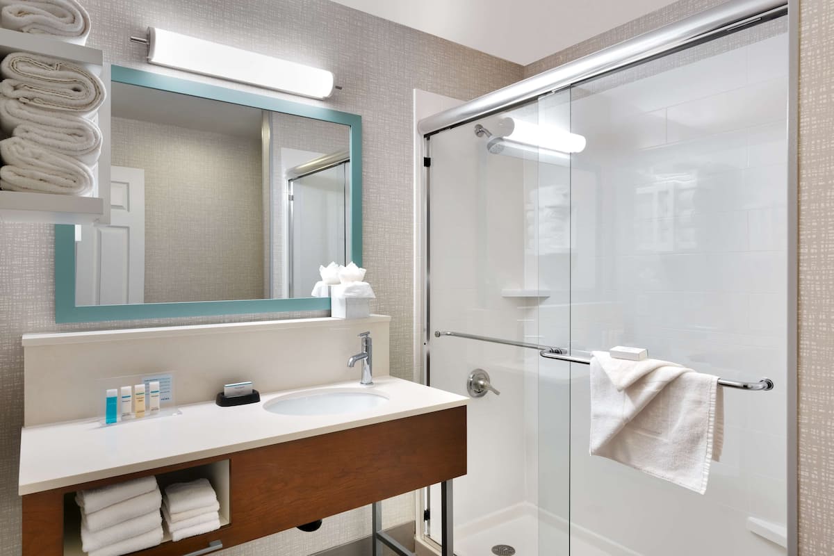 combined shower/bathtub, free toiletries, hair dryer, towels