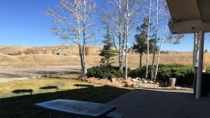 A picnic table on a concrete patio with a view of a dry landscape and trees in the background.