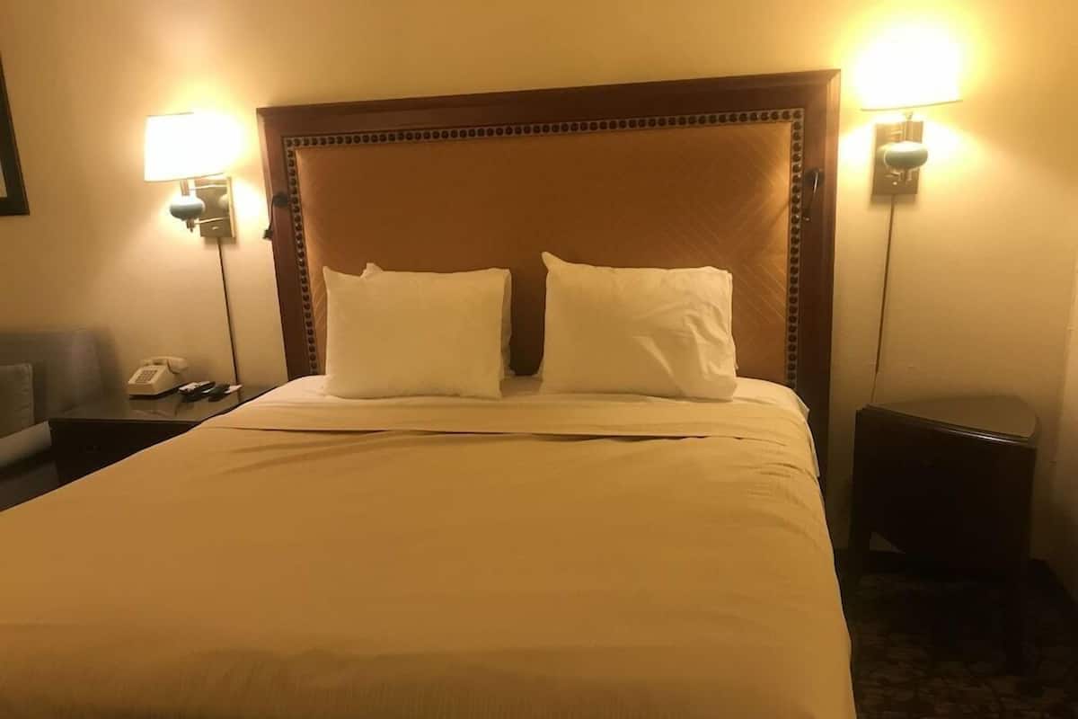 A hotel room with a large bed, two bedside lamps, a nightstand with a phone, and a carpeted floor.