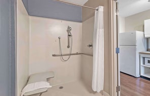 Studio, 1 Queen Bed, Accessible, Non Smoking | Bathroom | Combined shower/tub, free toiletries, hair dryer, towels