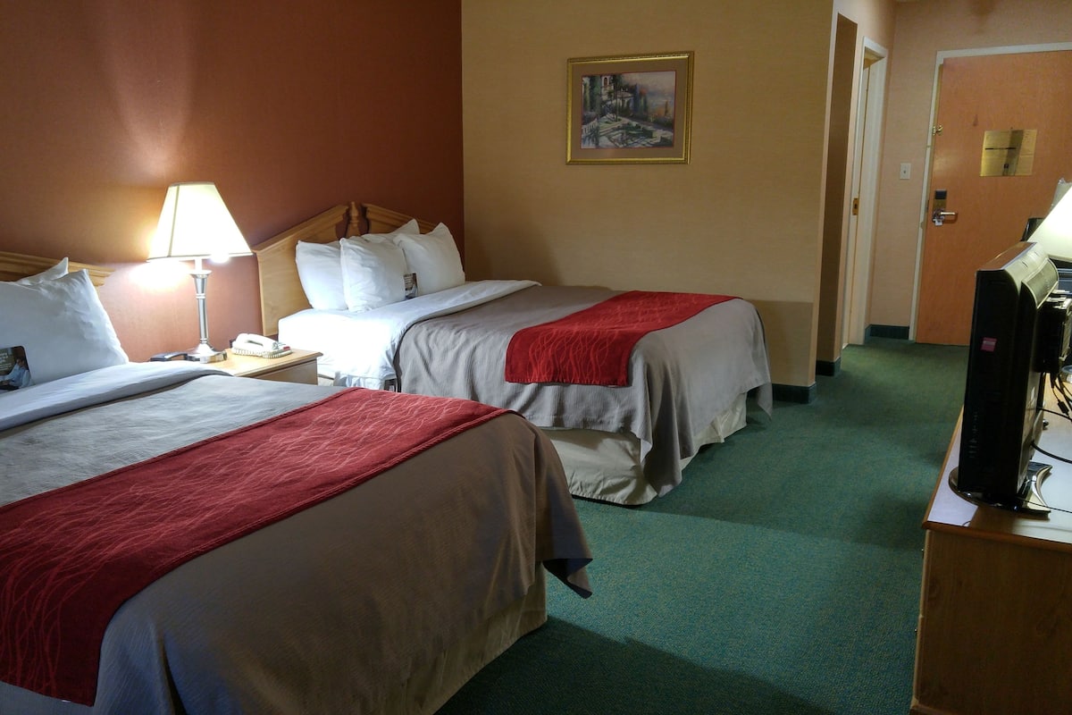 Habitación de hotel con dos camas, un escritorio con computadora, una lámpara y un cuadro en la pared.