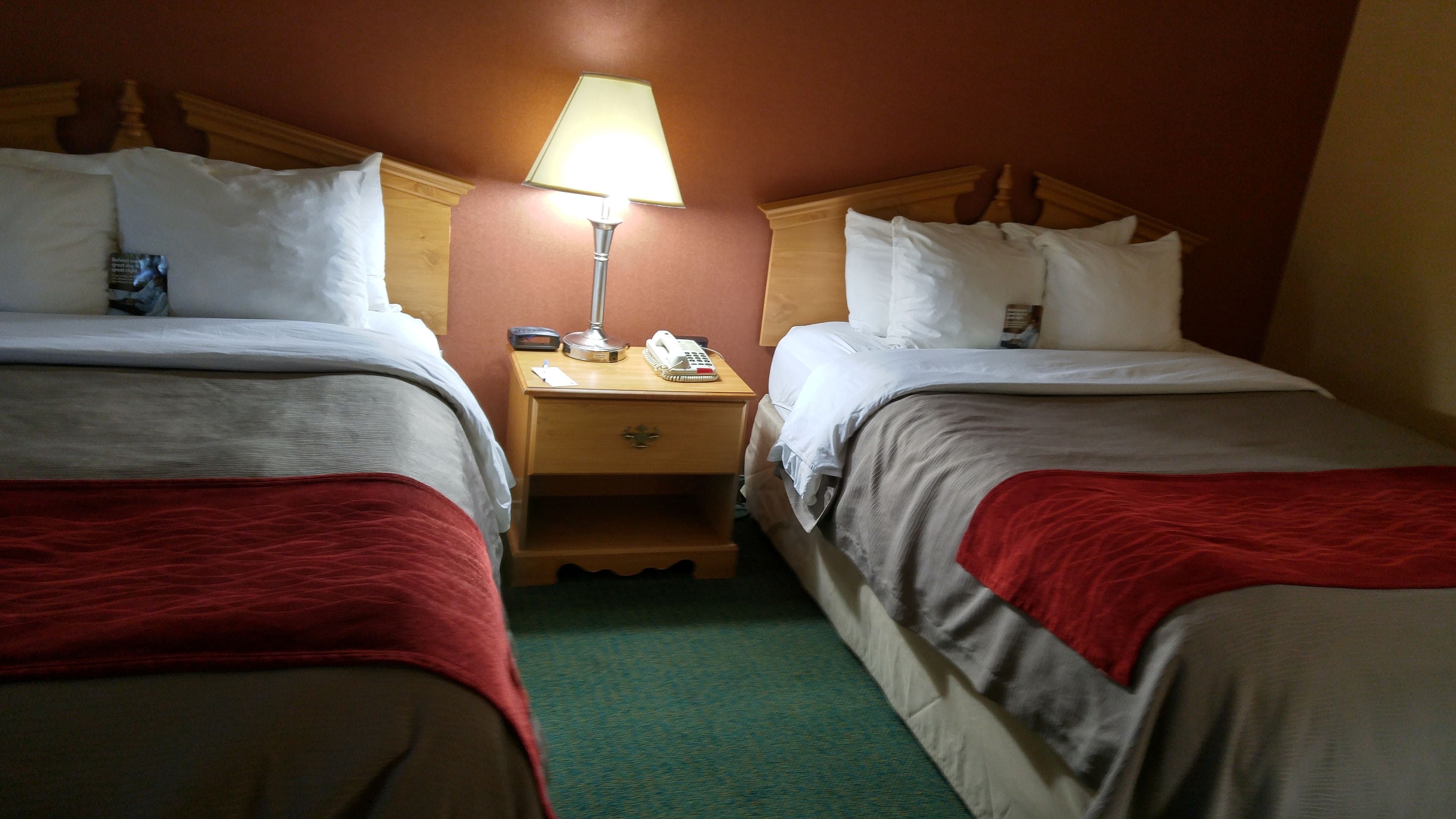 Quarto de hotel com duas camas, cada uma com roupa de cama branca e mantas vermelhas. Há uma mesa de cabeceira com uma lâmpada, um telefone e uma revista entre as camas. O quarto possui uma cabeceira de madeira e um tapete verde.