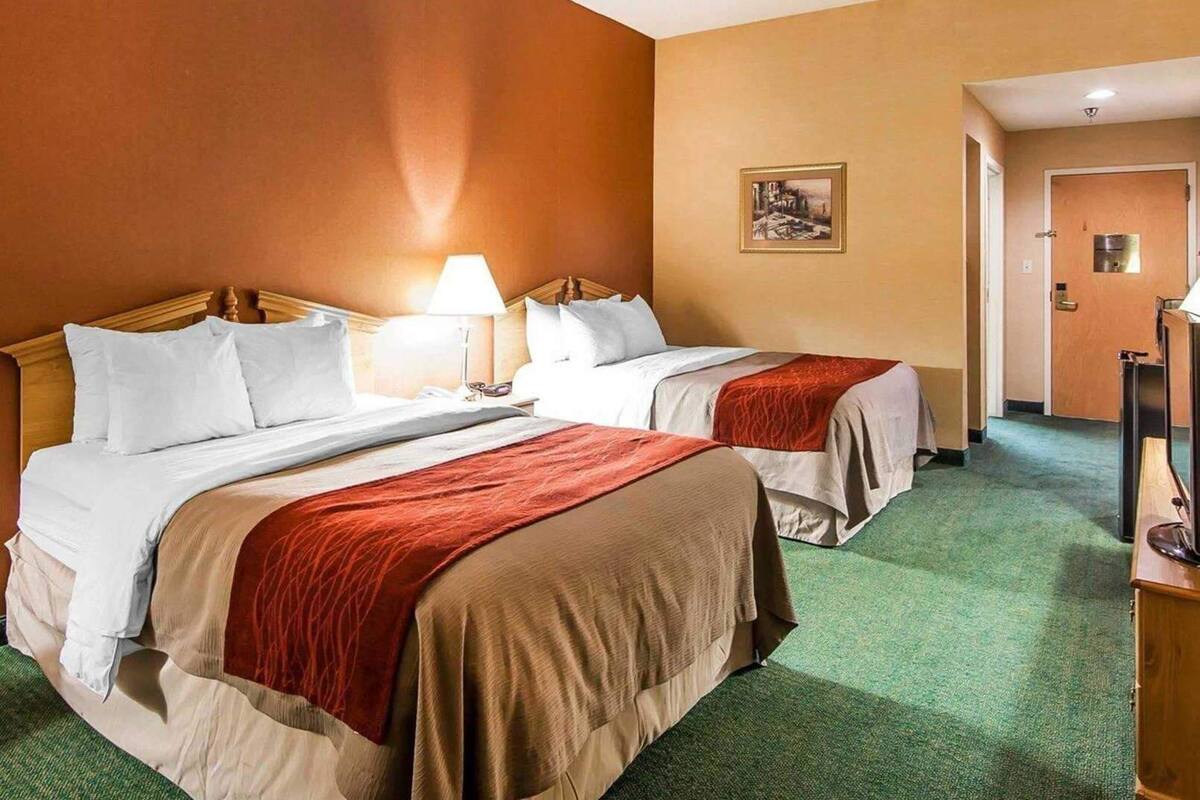 A hotel room with two beds, a nightstand, a lamp, a painting on the wall, and a door.
