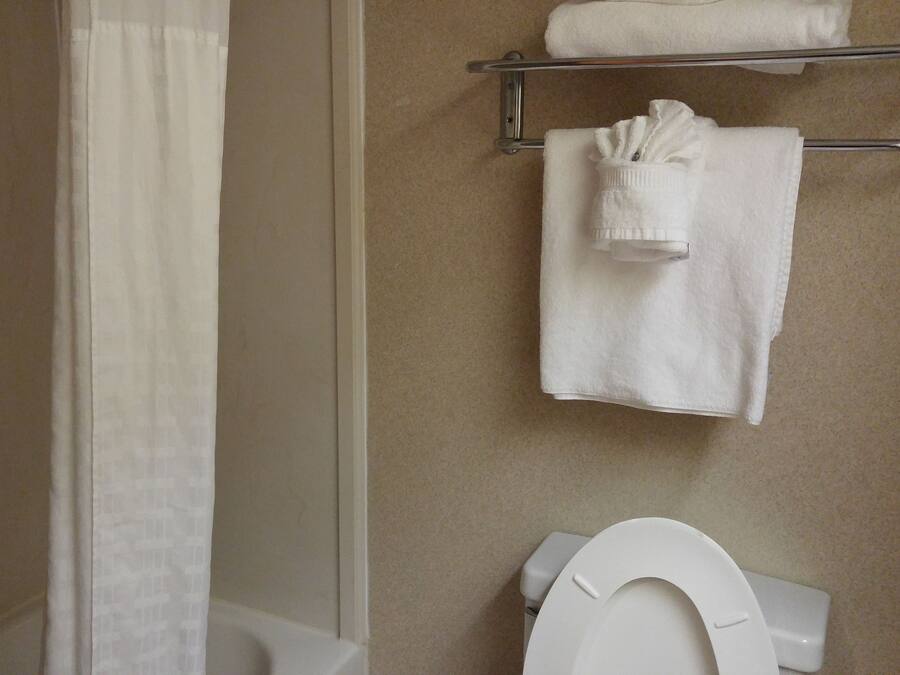 Un bagno con il water, un portaservizi con asciugamani piegati e una tenda da doccia.