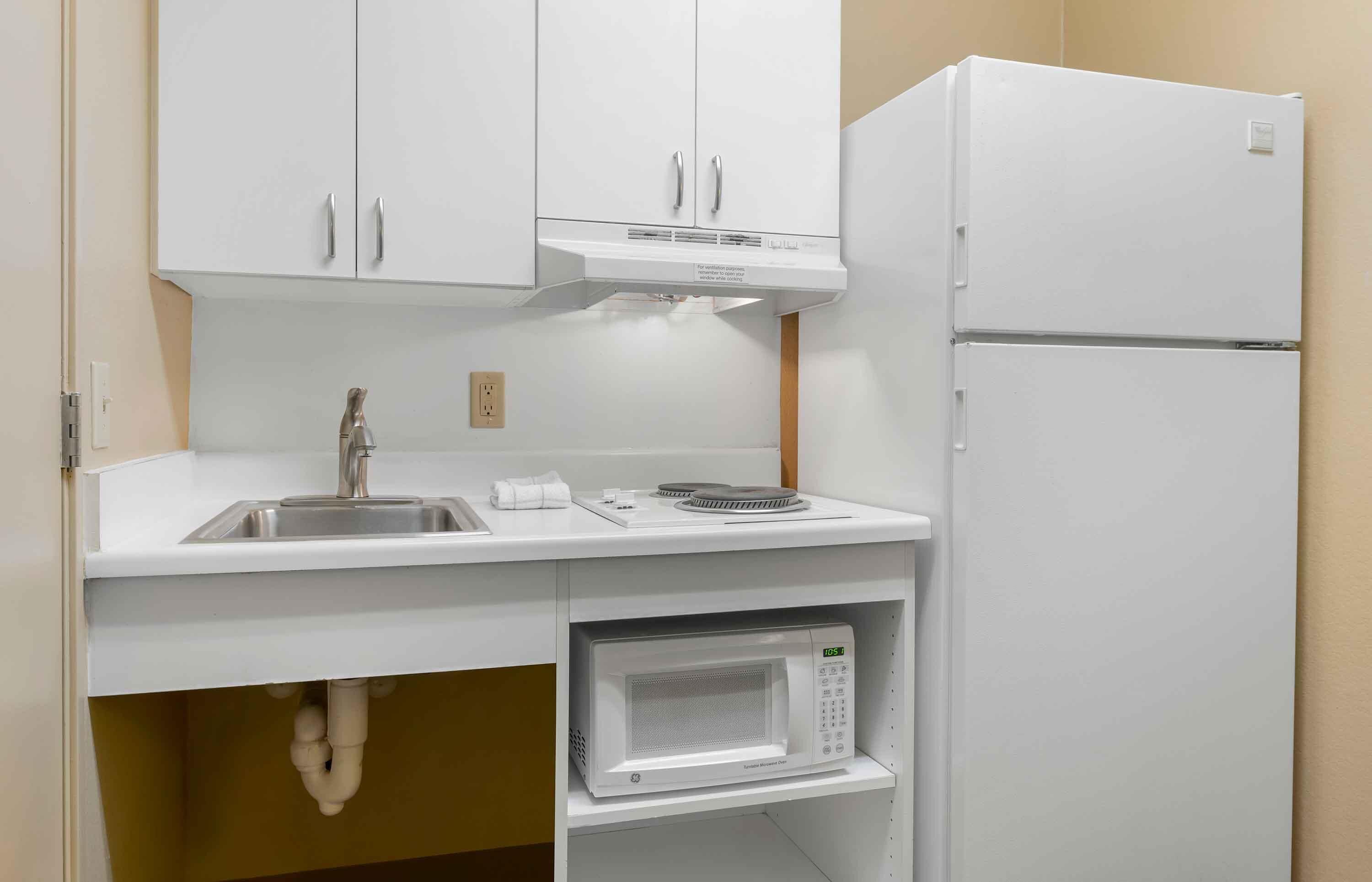 Großer Kühlschrank, Mikrowelle, Herdplatte