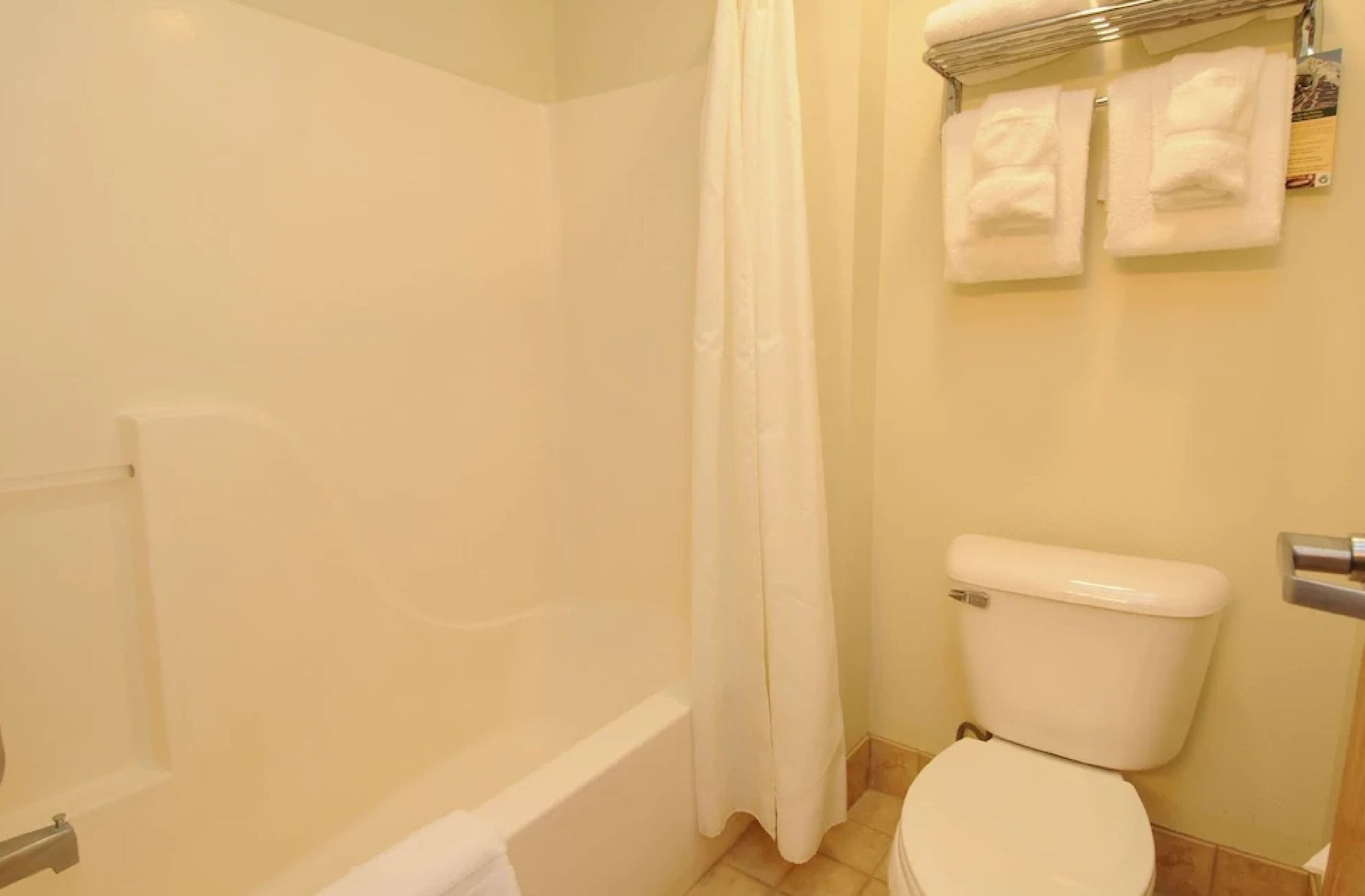 A bathroom with a bathtub, toilet, and a shower curtain.