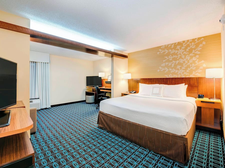 Habitación de hotel con una cama grande, un escritorio con computadora, un televisor y una alfombra estampada.