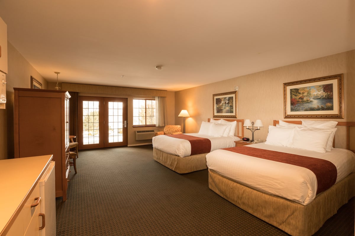 desk, laptop workspace, blackout curtains, iron/ironing board