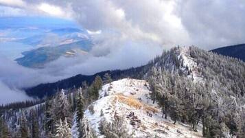 Un paisaje montañoso con picos nevados y densos bosques.