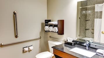 A bathroom with a toilet, sink, and handrails.