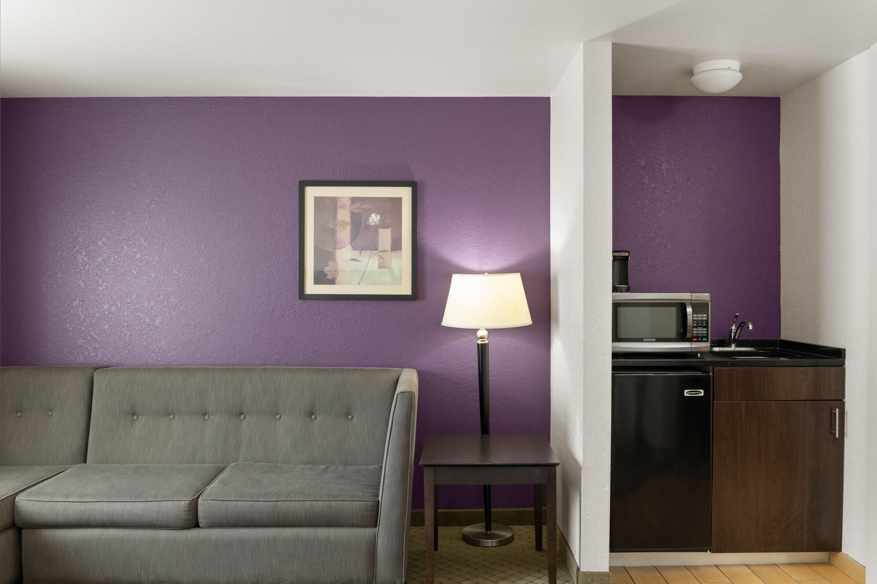 A room with a grey sofa, a small table with a lamp, a microwave, and a dishwasher.