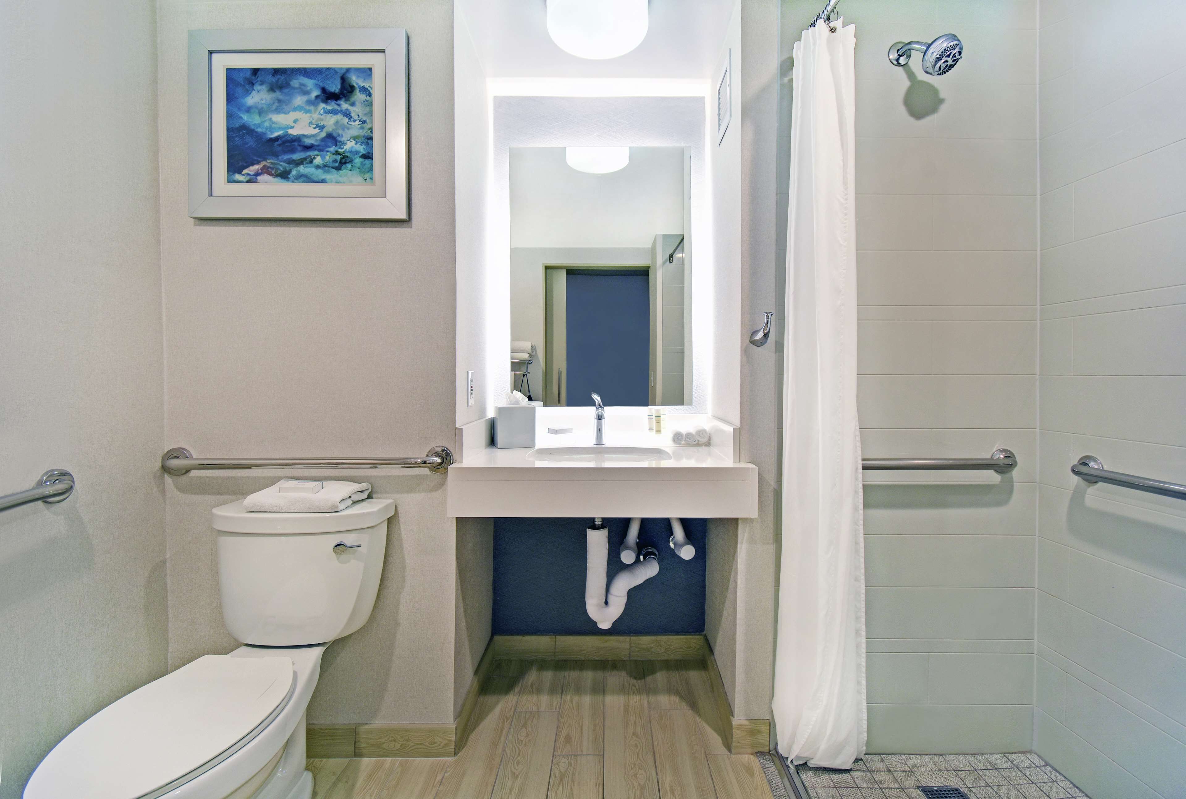 Un baño con inodoro, lavamanos y ducha.