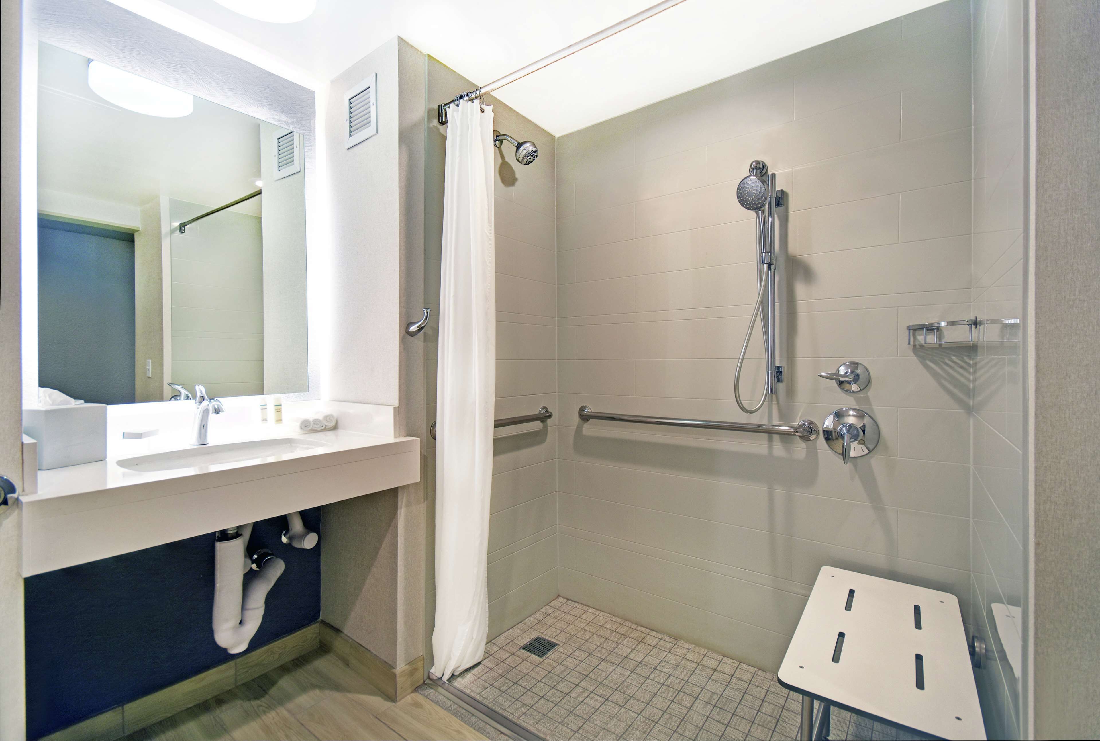 A modern bathroom with a shower, a sink, and a mirror.