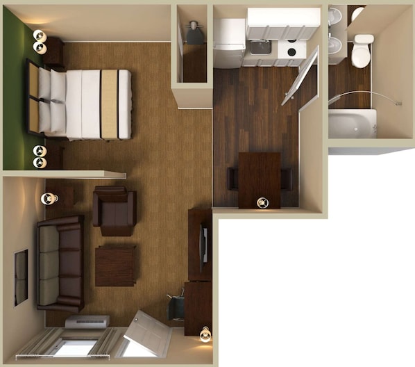 Une chambre d’hôtel comprenant un lit, un canapé, un bureau, une petite table, une armoire, un miroir, une fenêtre et une salle de bain avec des toilettes, un lavabo et une douche.