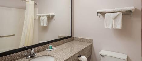 Un baño con encimera de granito, lavamanos, inodoro, toallero y espejo.
