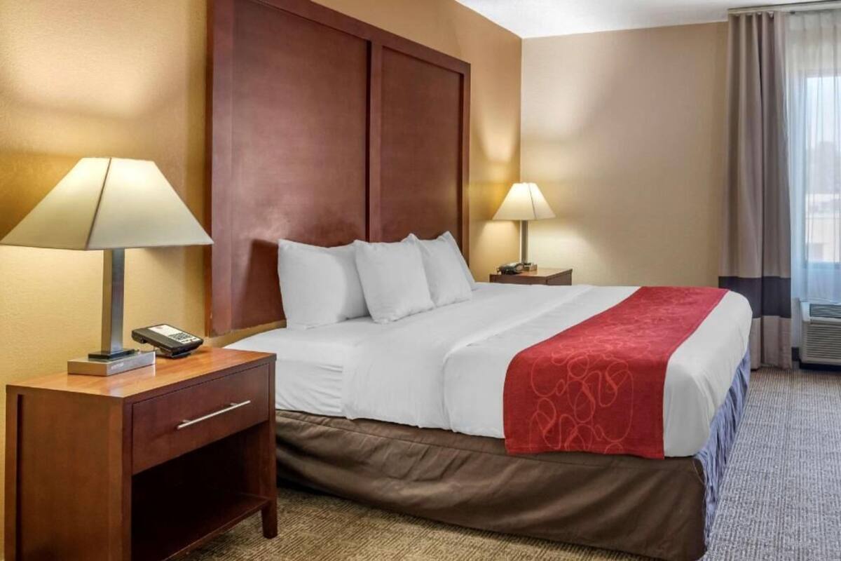 A hotel room with a large bed, two bedside tables with lamps, a telephone, and a red throw blanket.