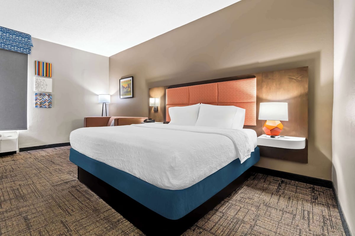 A hotel room with a large bed, a nightstand with a lamp, and a wall-mounted artwork.