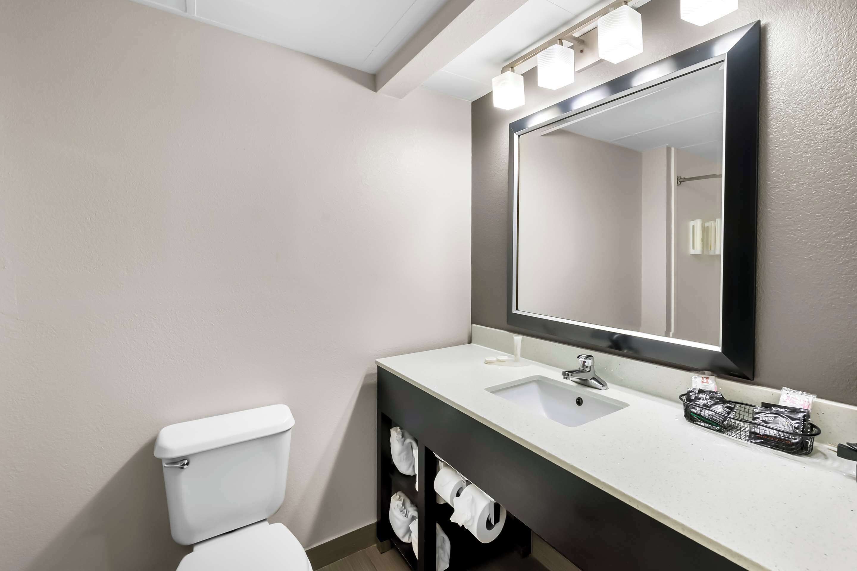 A modern bathroom with a white toilet, a sink, and a large mirror.
