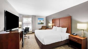 A hotel room with a large bed, a desk with a flat-screen TV, a chair, a desk lamp, and a nightstand with a lamp.