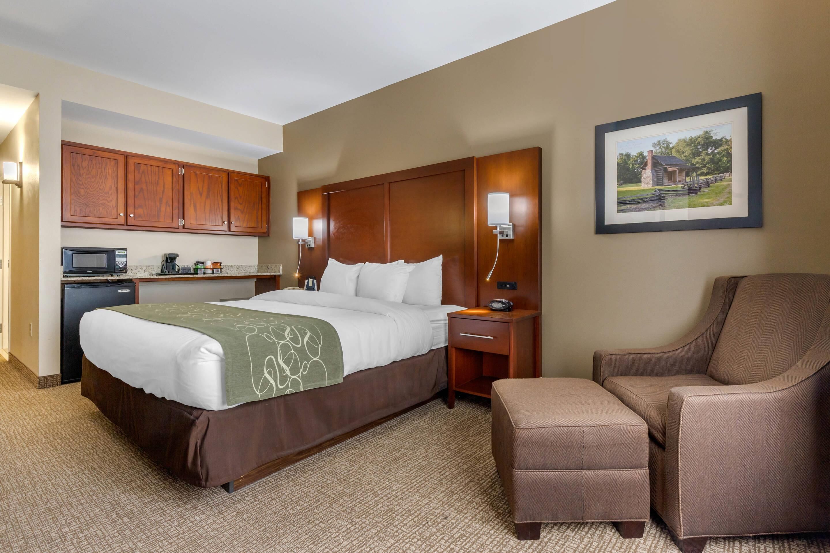 A hotel room with a bed, a chair, a desk with a microwave, cabinets, and a framed picture on the wall.