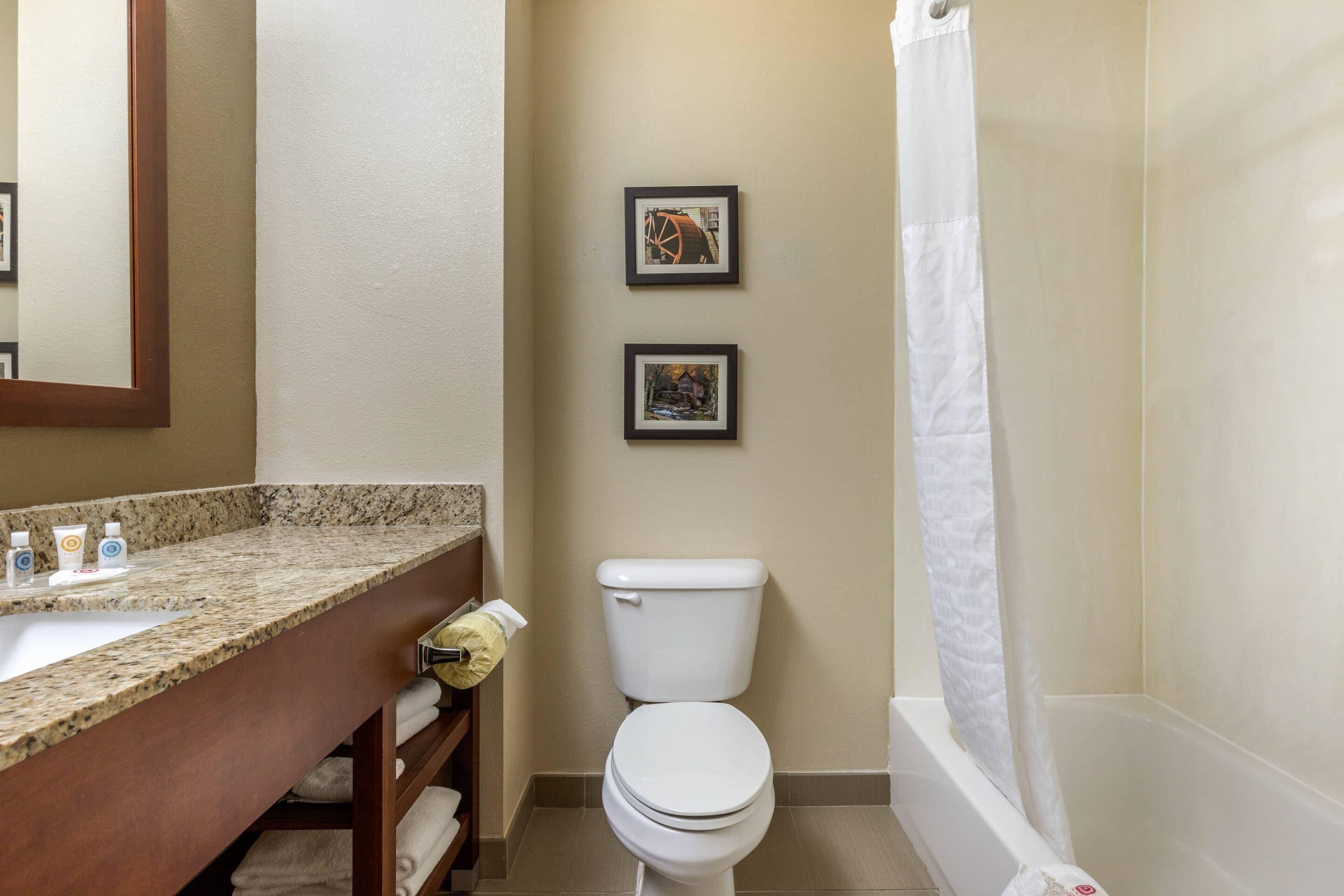 Un baño con lavamanos, inodoro y cortina de ducha.