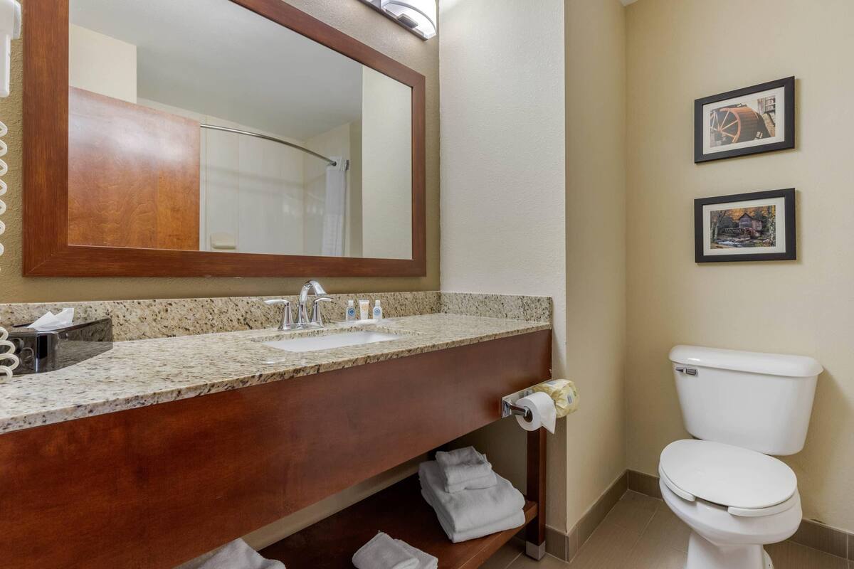 Un baño con lavamanos de encimera de granito, tocador de madera, inodoro blanco y dos cuadros en la pared.