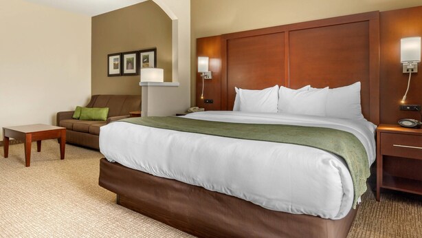 Una habitación de hotel con una cama grande, un sofá, una mesita y una mesita de noche con una lámpara.