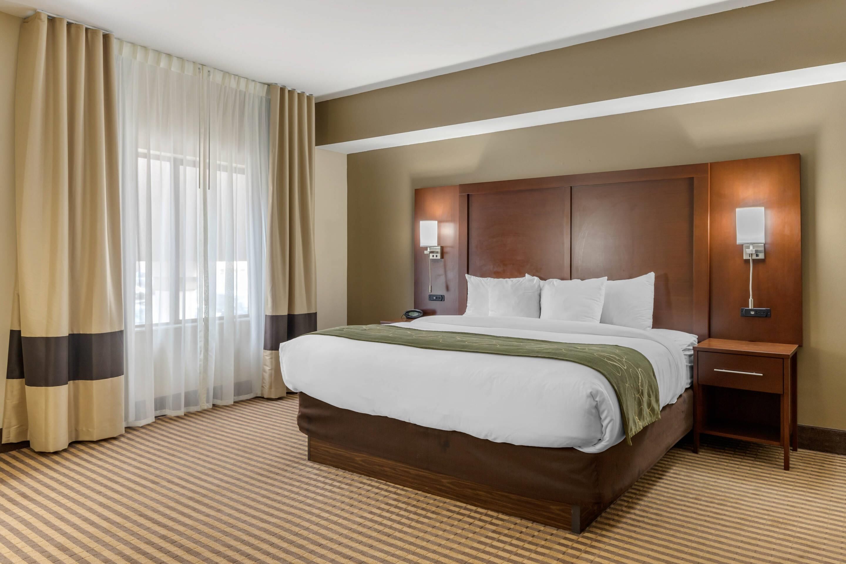 Habitació d'hotel amb un llit gran, una tauleta de nit, una làmpada i una finestra amb cortines.