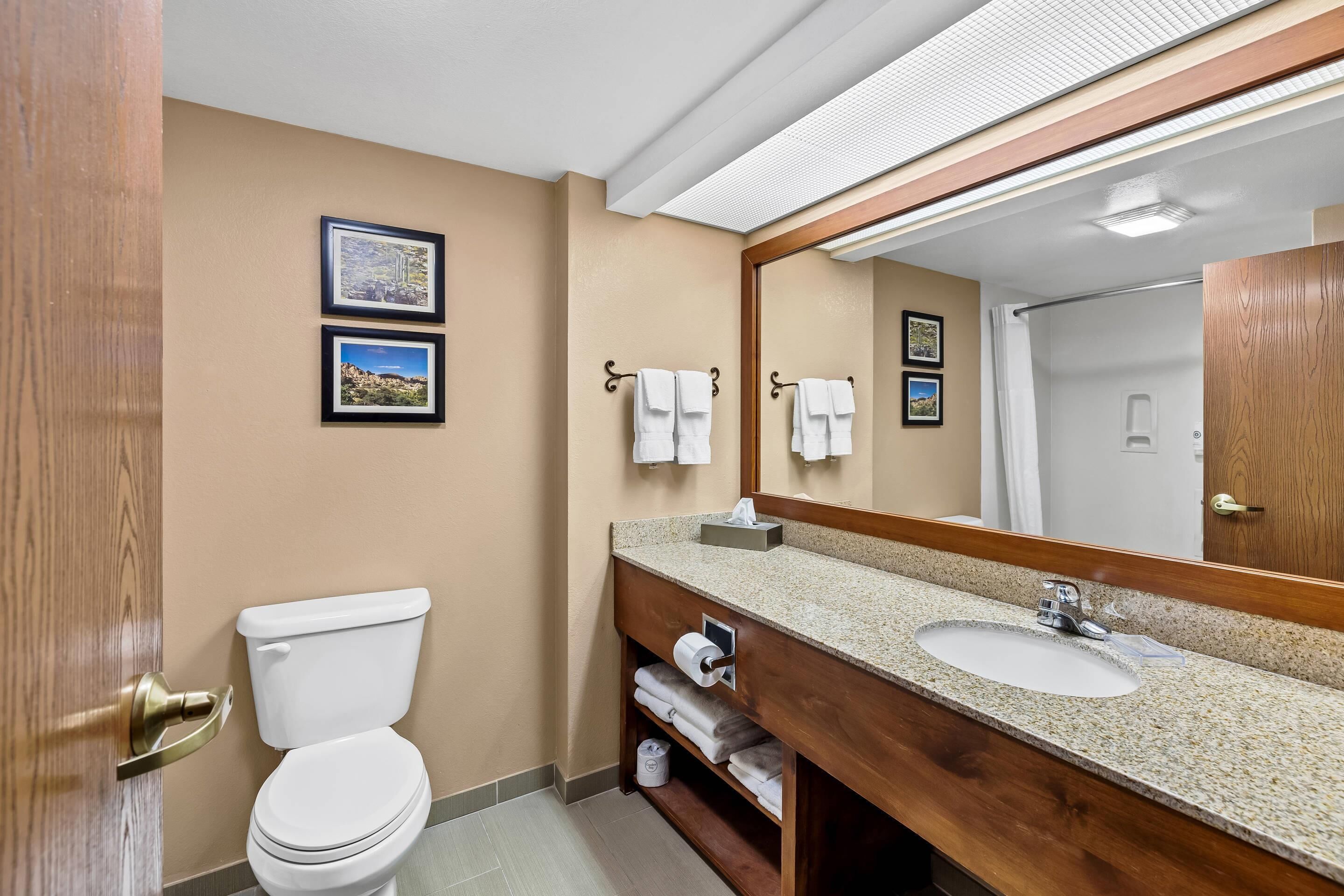 A hotel bathroom with a toilet, sink, and towel rack.