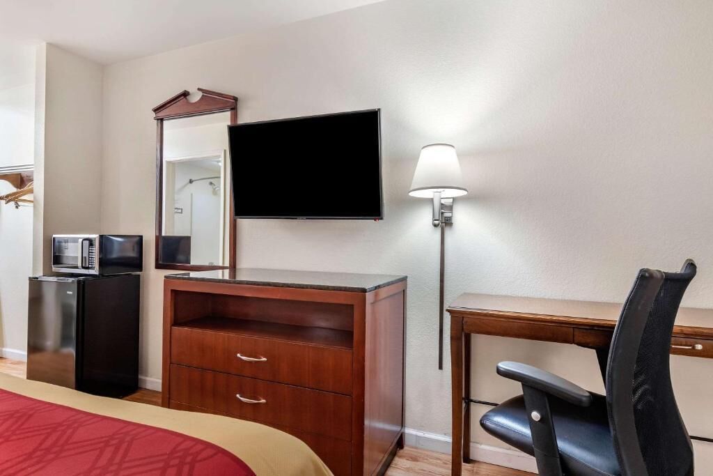A hotel room with a bed, a wooden desk, a chair, a television, a mirror, a lamp, and a minibar.